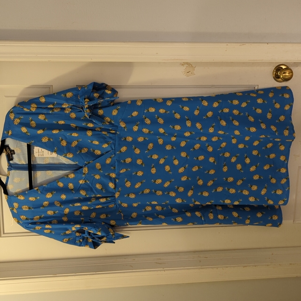 Suzanne Betro Surplice Retro Blue Dress Pineapple Print 3X NWT